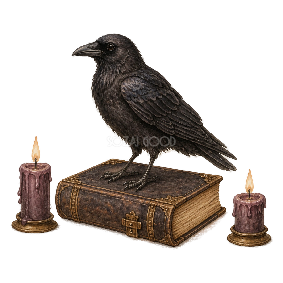 カラスと魔法書・紫のろうそくのハロウィンイラスト素材(無料)94806