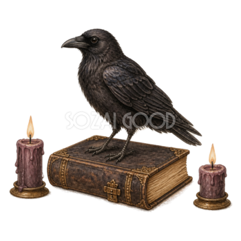 カラスと魔法書・紫のろうそくのハロウィンイラスト素材（無料）94806