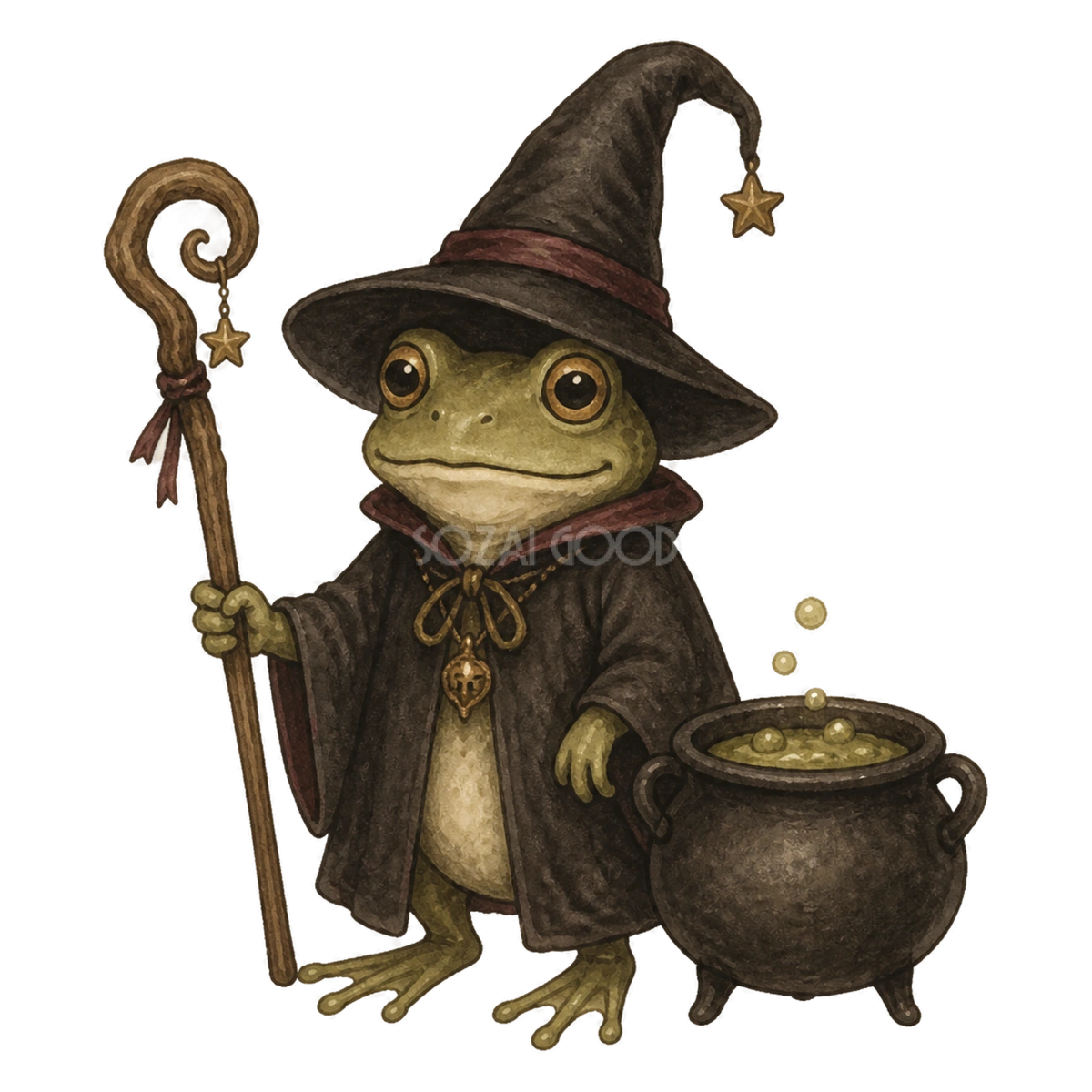 大釜とかわいいカエルの魔法使いのハロウィンイラスト素材（無料）94807