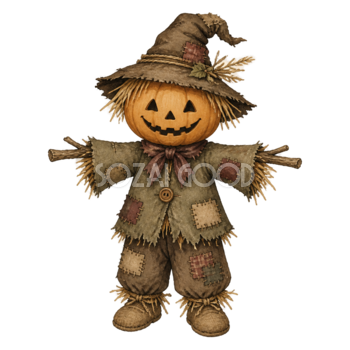 かぼちゃ頭のかわいい案山子のハロウィン水彩イラスト素材（無料）94808