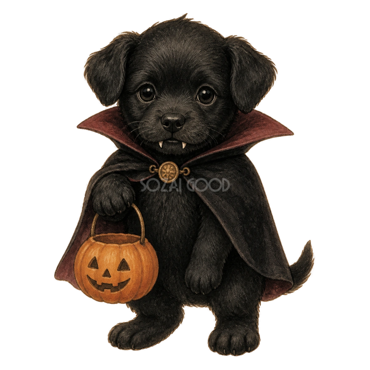 かぼちゃバケツを持つ吸血鬼姿の黒い子犬のハロウィンイラスト素材（無料）94809