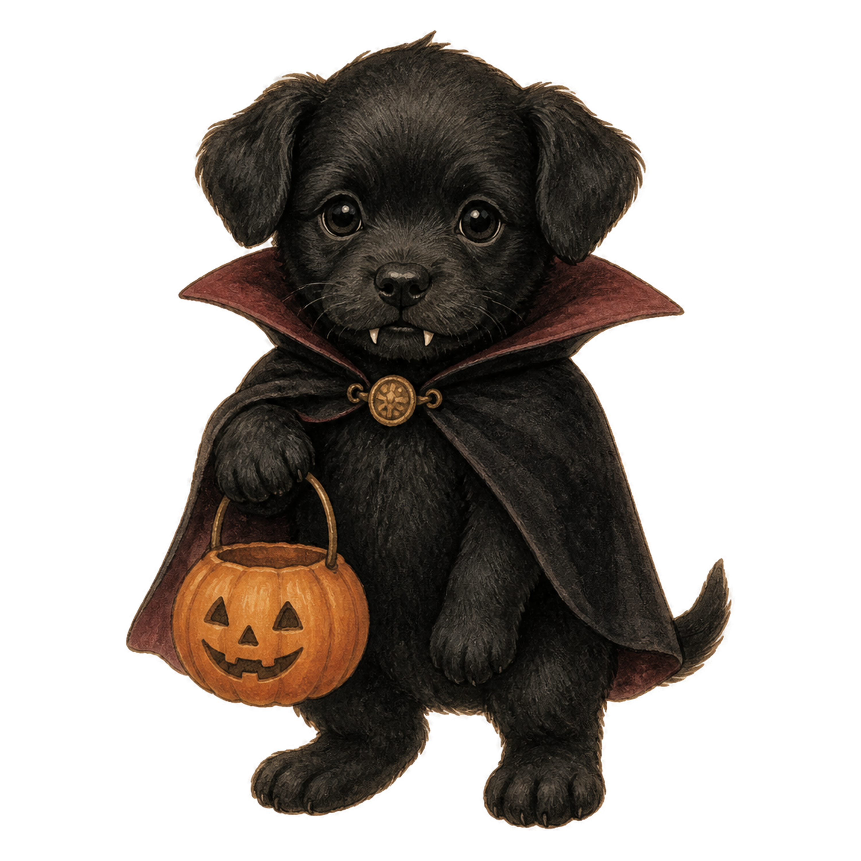 かぼちゃバケツを持つ吸血鬼姿の黒い子犬のハロウィンイラスト素材（無料）94809に写真・文字を入れる