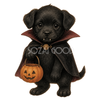 かぼちゃバケツを持つ吸血鬼姿の黒い子犬のハロウィンイラスト素材（無料）94809