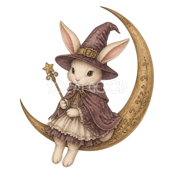 三日月に座るかわいいウサギ魔女のハロウィンイラスト素材（無料）94810