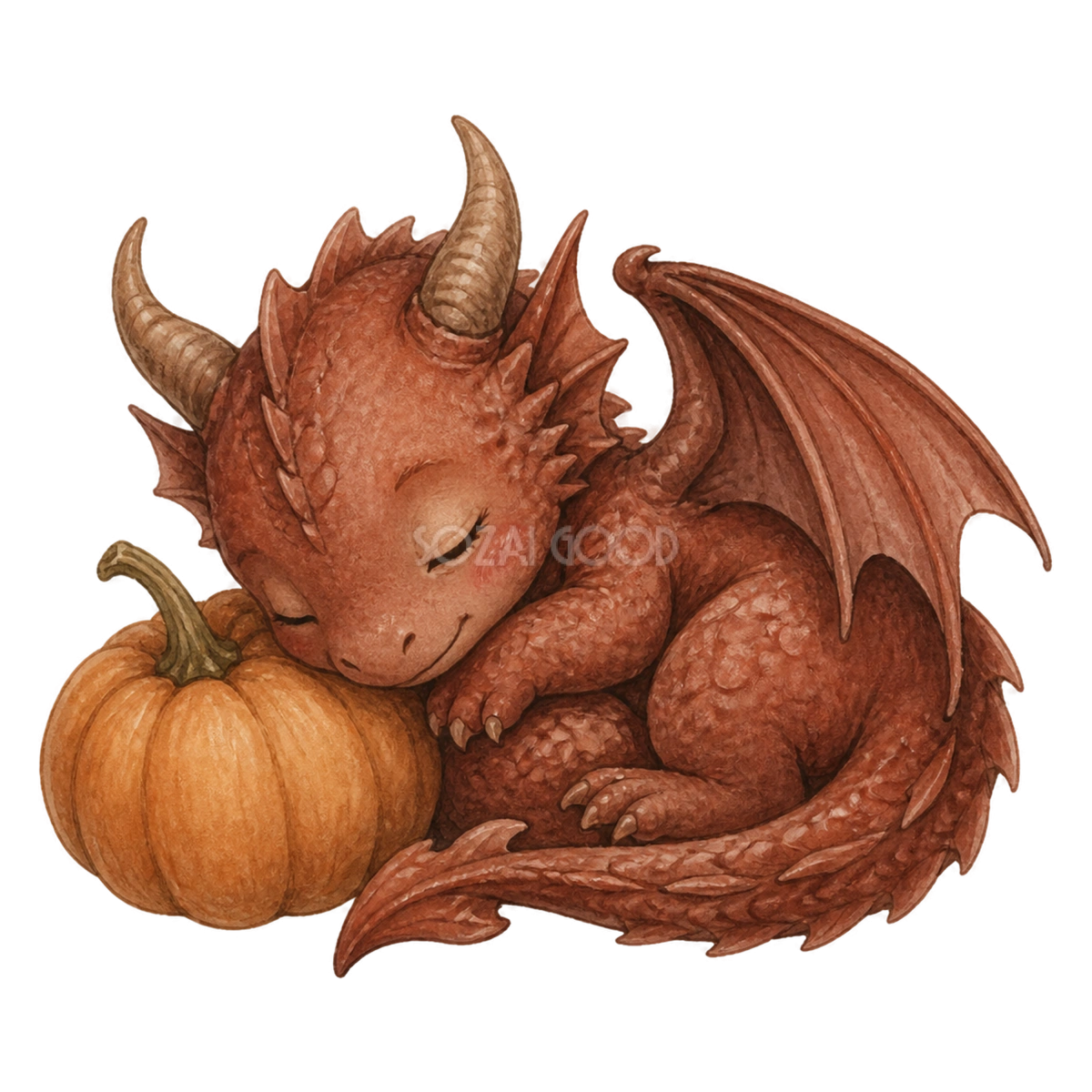 かぼちゃと眠るかわいい赤ちゃんドラゴンのハロウィンイラスト素材(無料)94811