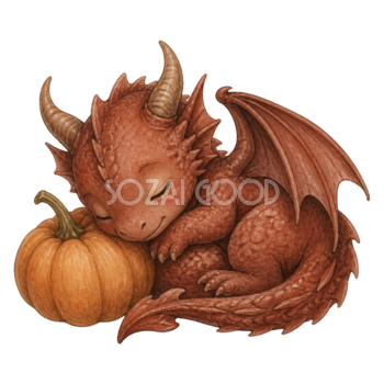 かぼちゃと眠るかわいい赤ちゃんドラゴンのハロウィンイラスト素材（無料）94811