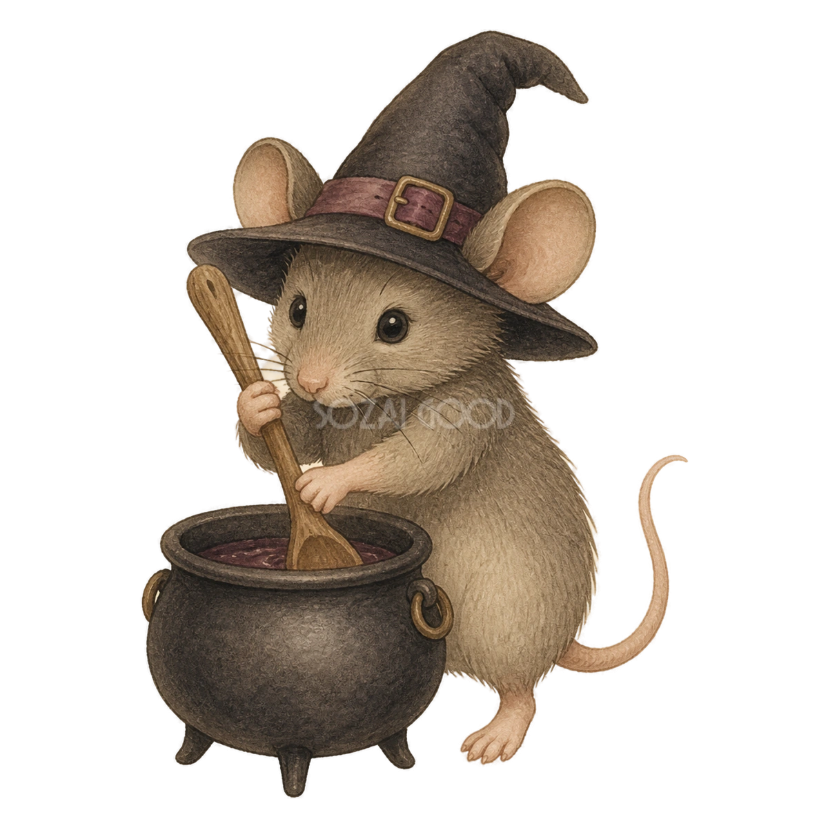 大釜をかき混ぜるかわいい魔女姿のネズミのハロウィンイラスト素材（無料）94813