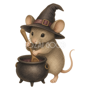 大釜をかき混ぜるかわいい魔女姿のネズミのハロウィンイラスト素材（無料）94813