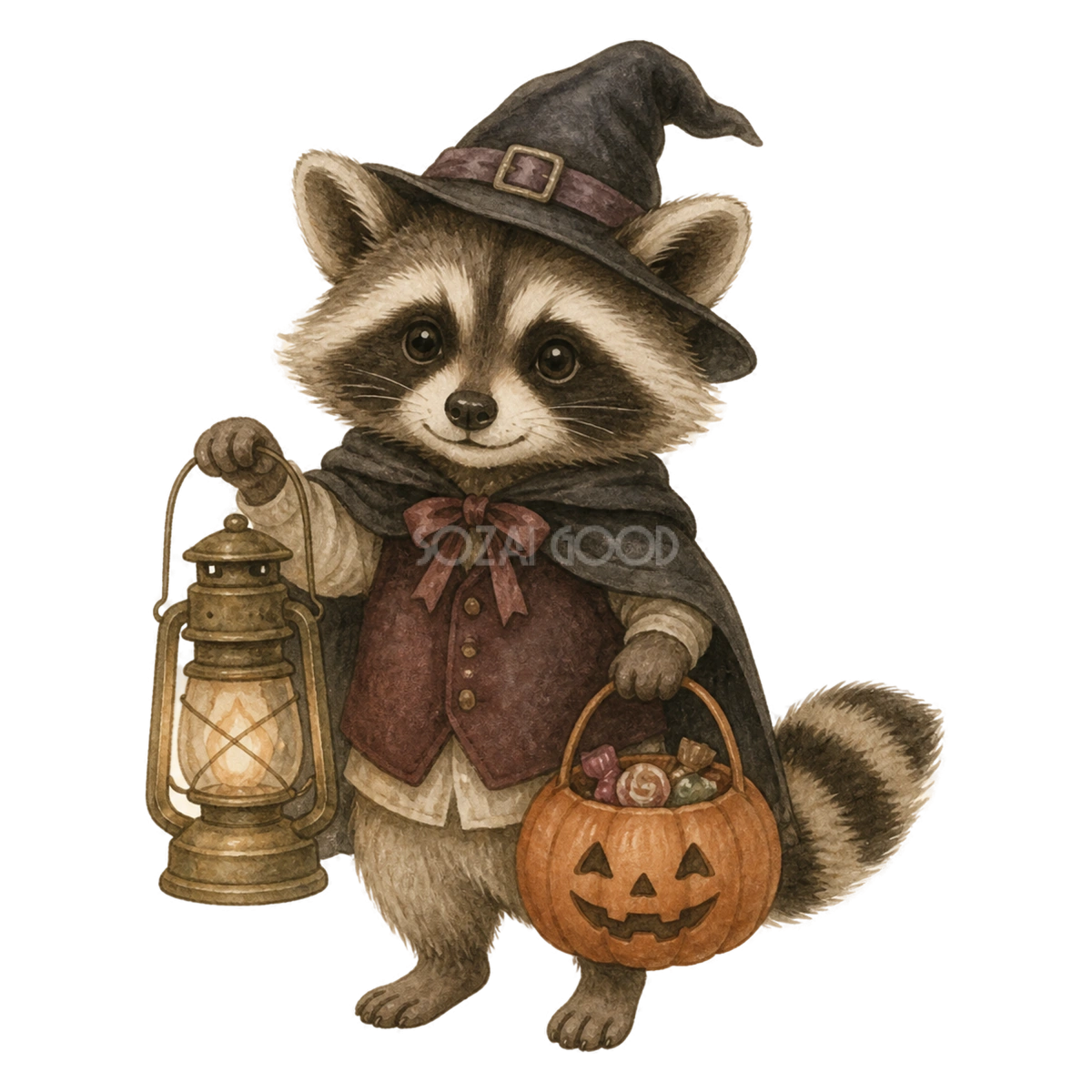ランタンとお菓子を持つかわいいアライグマのハロウィンイラスト素材(無料)94814