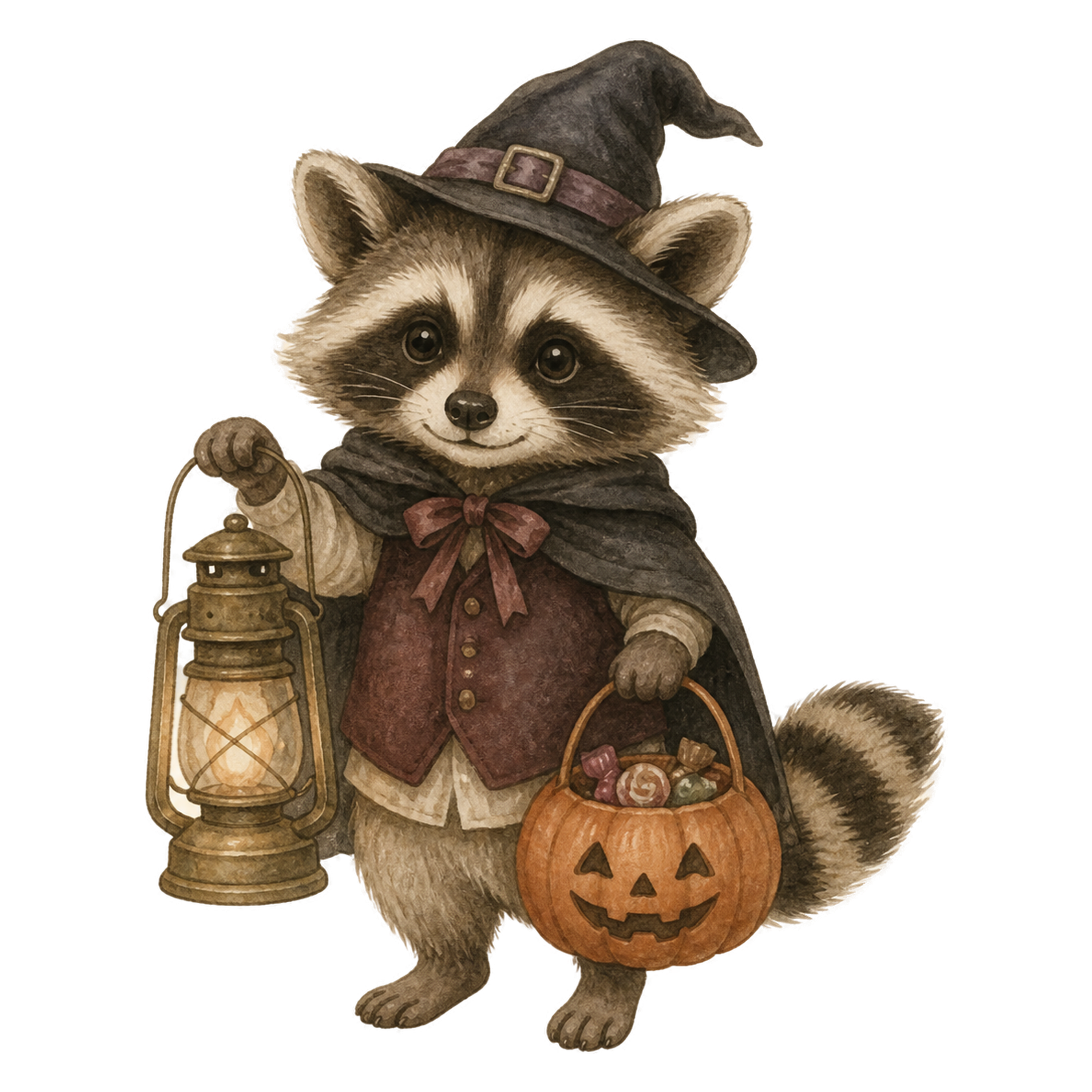 ランタンとお菓子を持つかわいいアライグマのハロウィンイラスト素材（無料）94814に写真・文字を入れる