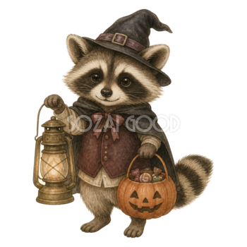 ランタンとお菓子を持つかわいいアライグマのハロウィンイラスト素材（無料）94814