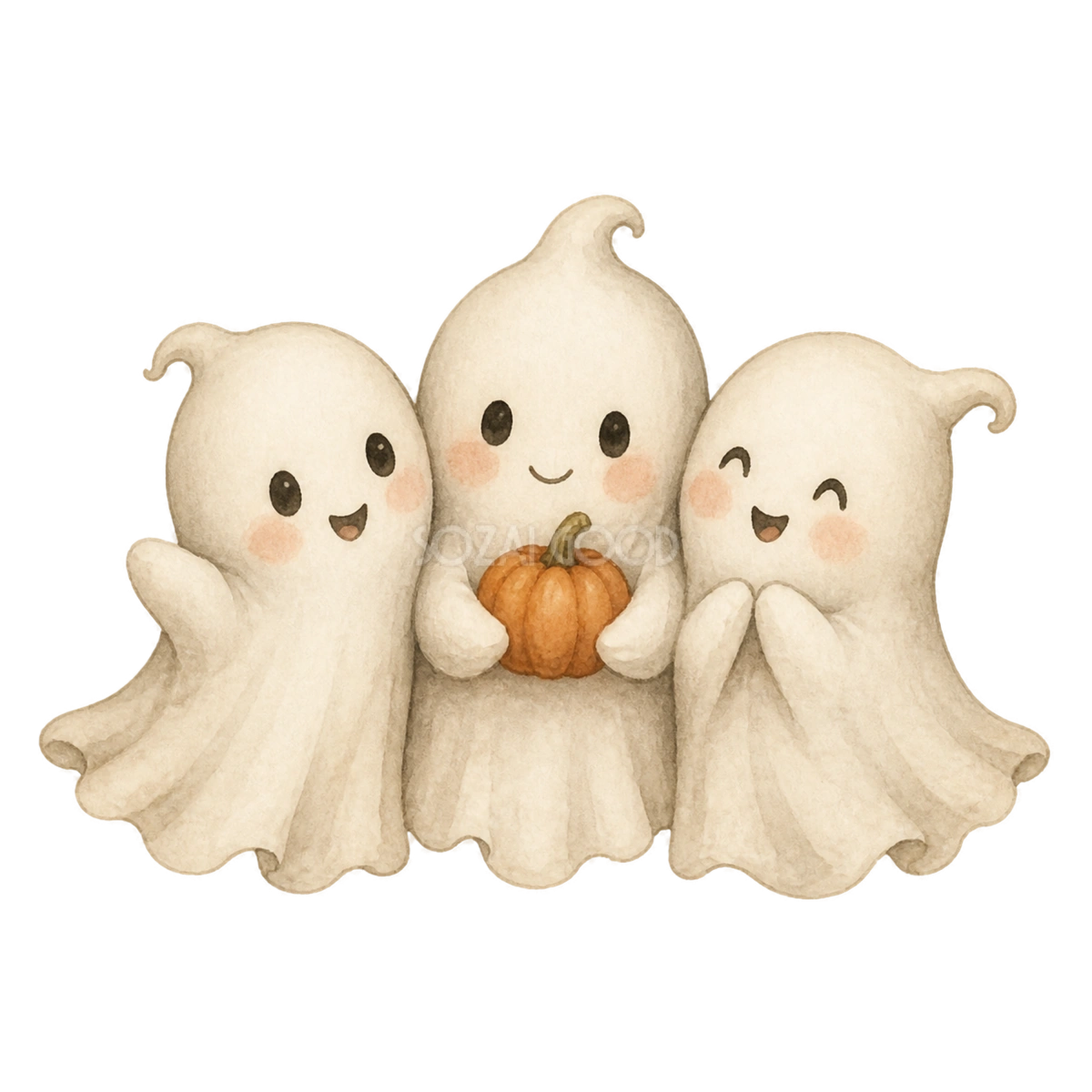 かぼちゃを囲む3体のかわいいおばけのハロウィンイラスト素材(無料)94815