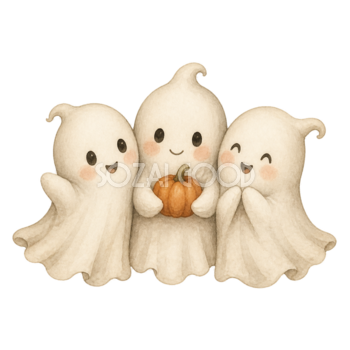 かぼちゃを囲む3体のかわいいおばけのハロウィンイラスト素材（無料）94815