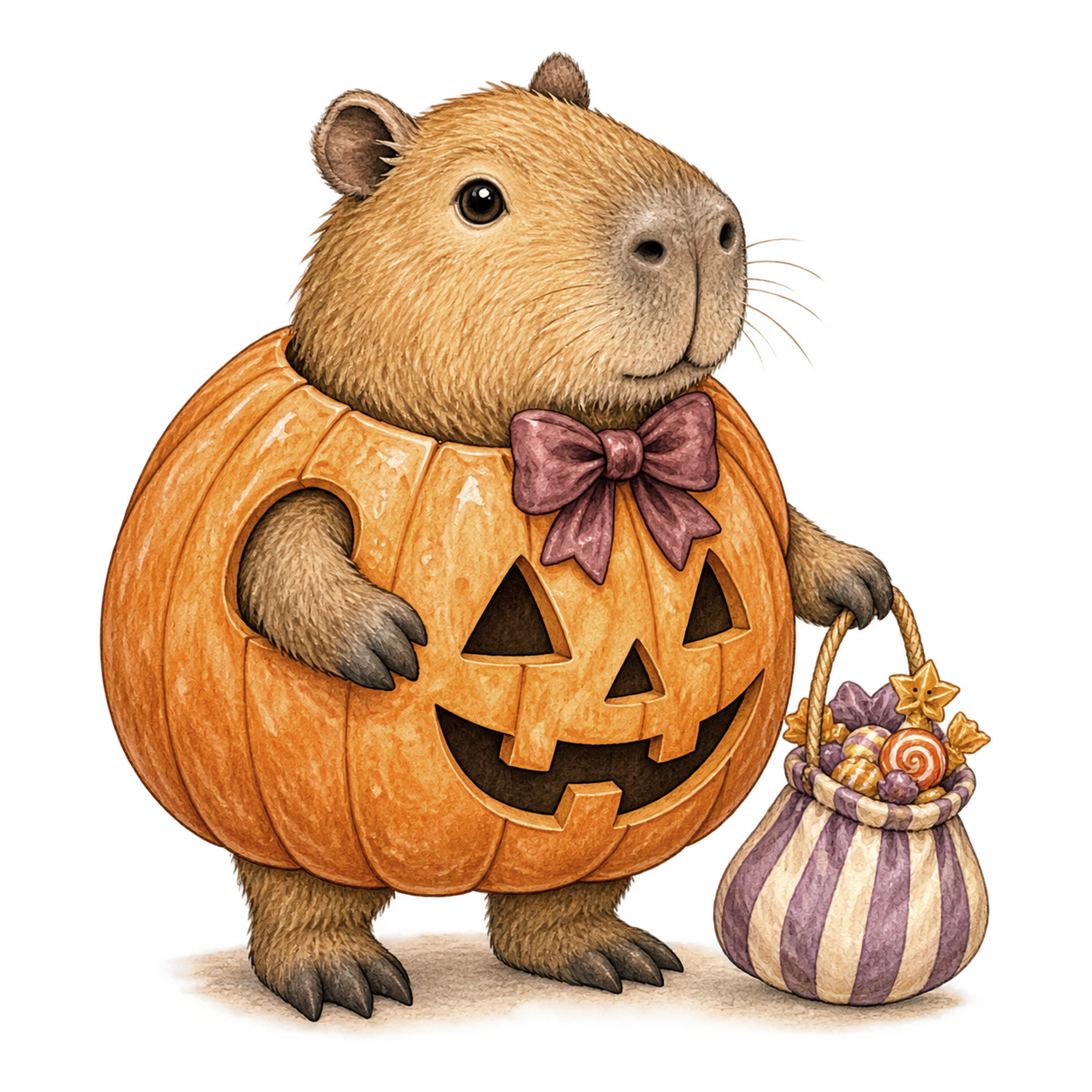 かぼちゃの仮装をしたカピバラのかわいいハロウィンイラスト94817に写真・文字を入れる