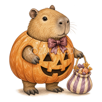 かぼちゃの仮装をしたカピバラのかわいいハロウィンイラスト94817