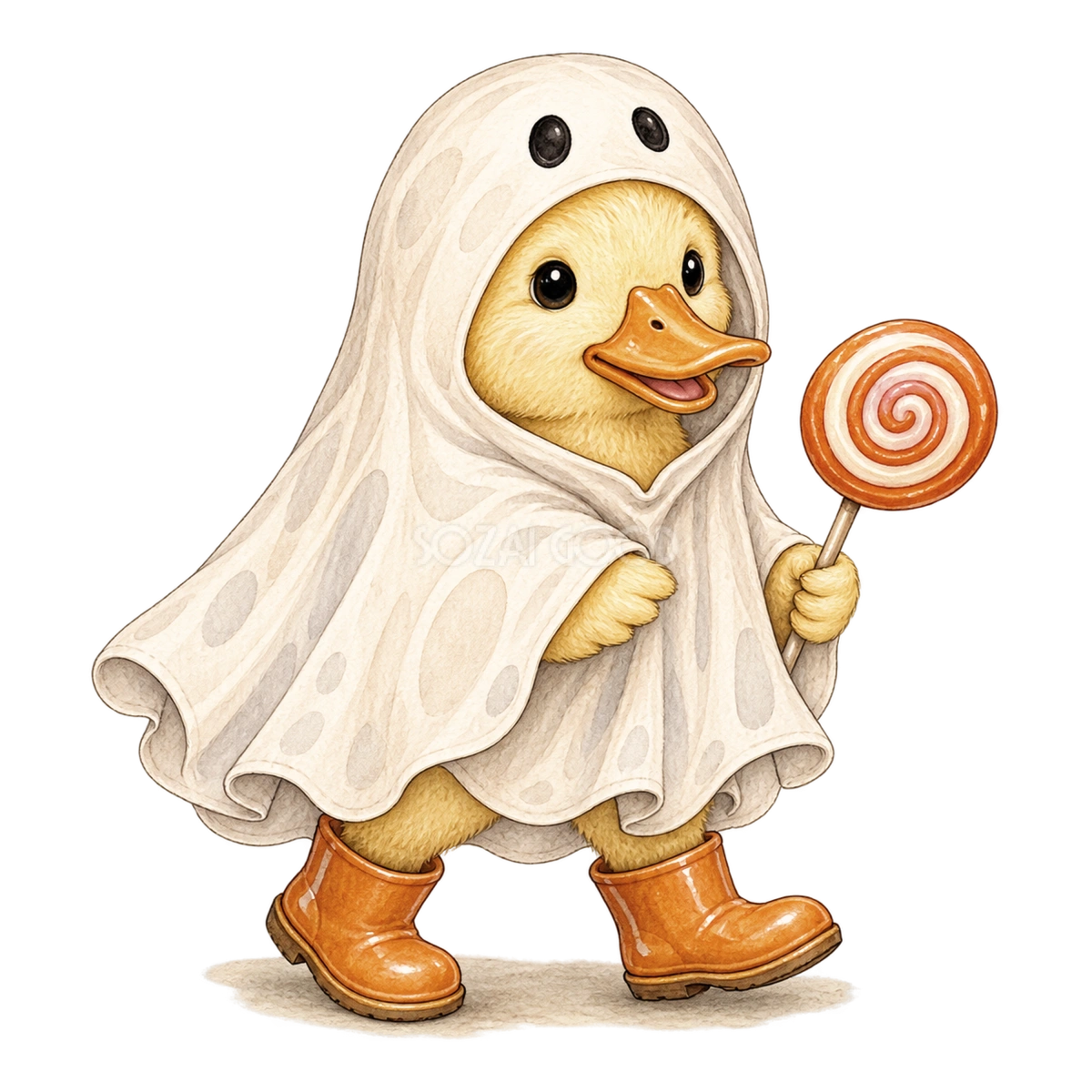 おばけに仮装したアヒルとキャンディーのハロウィンイラスト94820
