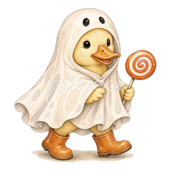 おばけに仮装したアヒルとキャンディーのハロウィンイラスト94820