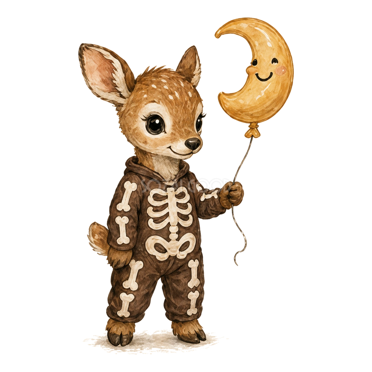 ガイコツの仮装をした子鹿と月の風船のハロウィンイラスト94824