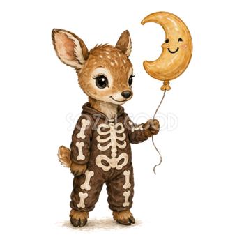 ガイコツの仮装をした子鹿と月の風船のハロウィンイラスト94824