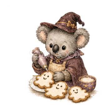 おばけクッキーを作る魔女のコアラのハロウィンイラスト94826