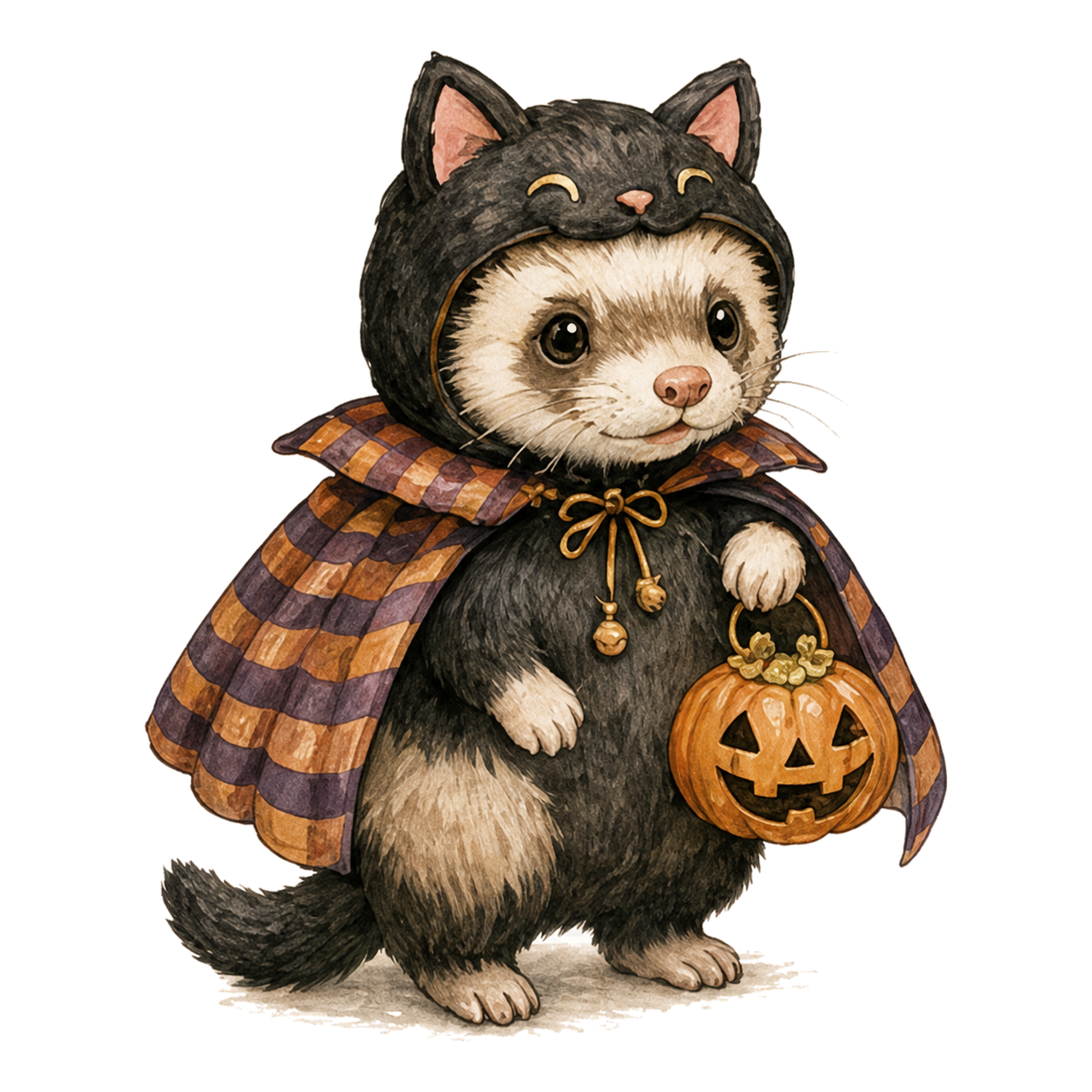 黒猫に仮装したフェレットのかわいいハロウィンイラスト94827に写真・文字を入れる