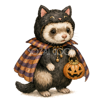 黒猫に仮装したフェレットのかわいいハロウィンイラスト94827