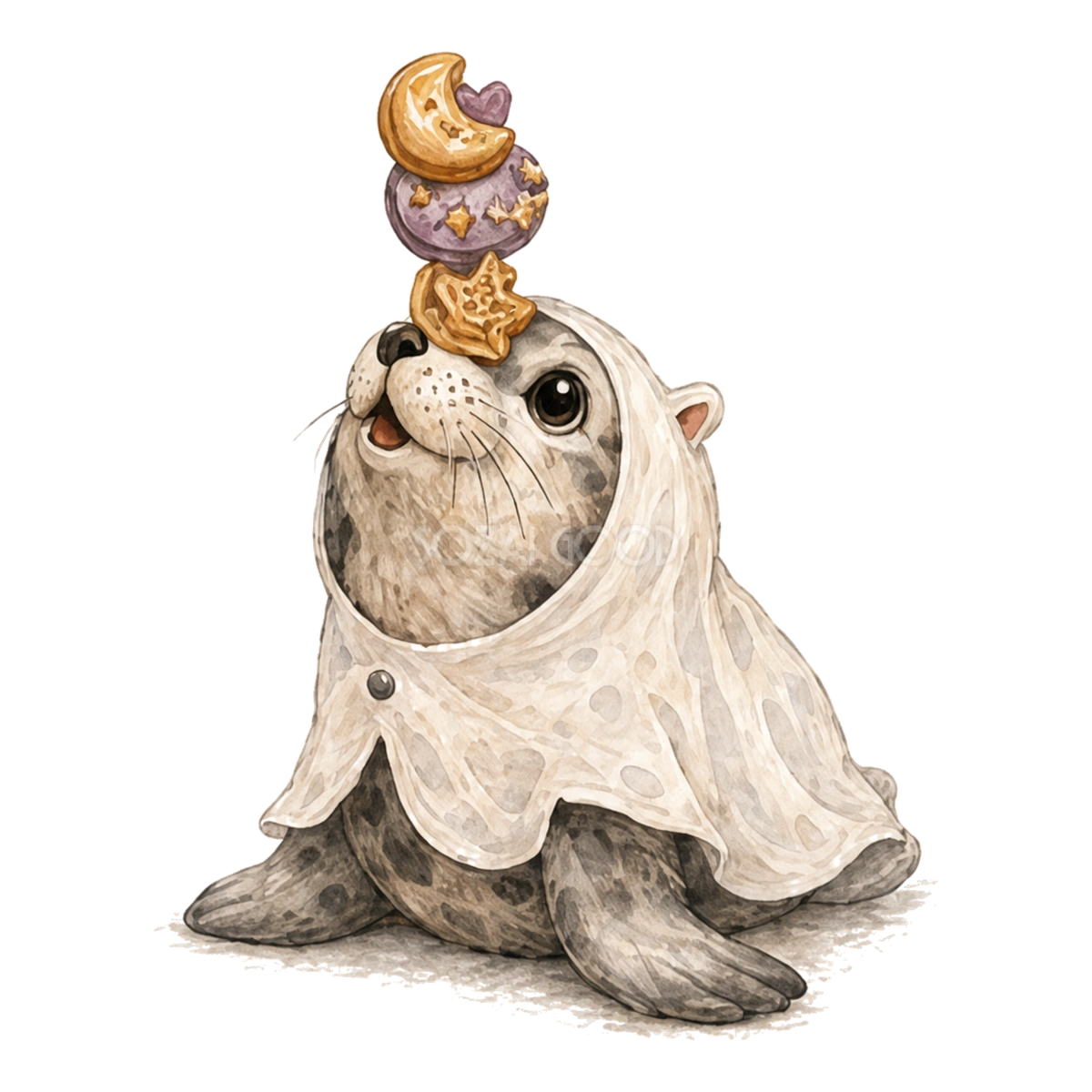 おばけに仮装したアザラシとお菓子のハロウィンイラスト94829