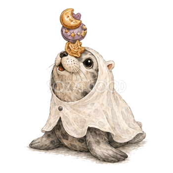 おばけに仮装したアザラシとお菓子のハロウィンイラスト94829