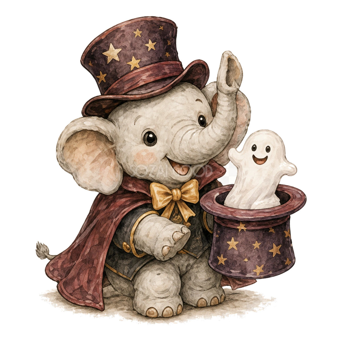 帽子からおばけを出すゾウの手品師のハロウィンイラスト94830