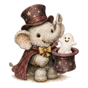 帽子からおばけを出すゾウの手品師のハロウィンイラスト94830