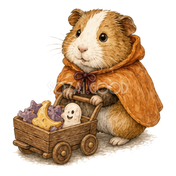 お菓子ワゴンを引くモルモットのハロウィンイラスト94836