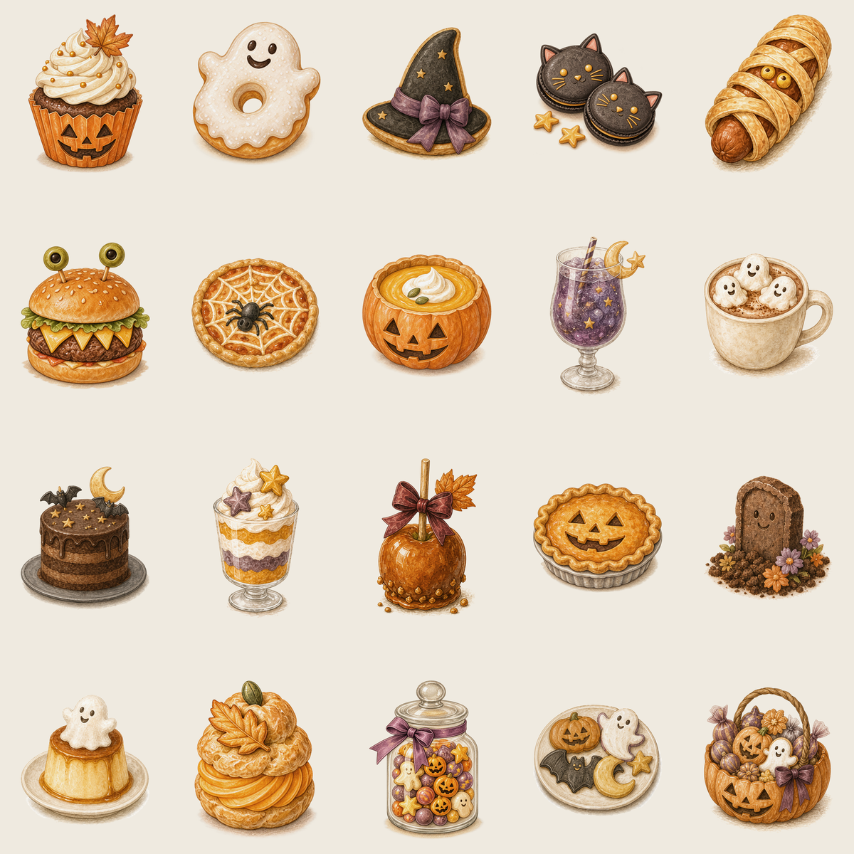 かわいいハロウィンスイーツとパーティーフードのイラスト20点セット94837に写真・文字を入れる