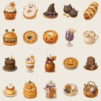 かわいいハロウィンスイーツとパーティーフードのイラスト20点セット94837
