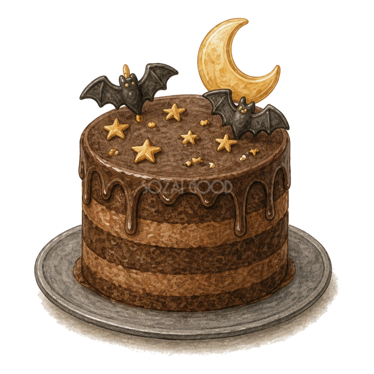 コウモリと月を飾ったチョコレートケーキのイラスト94848