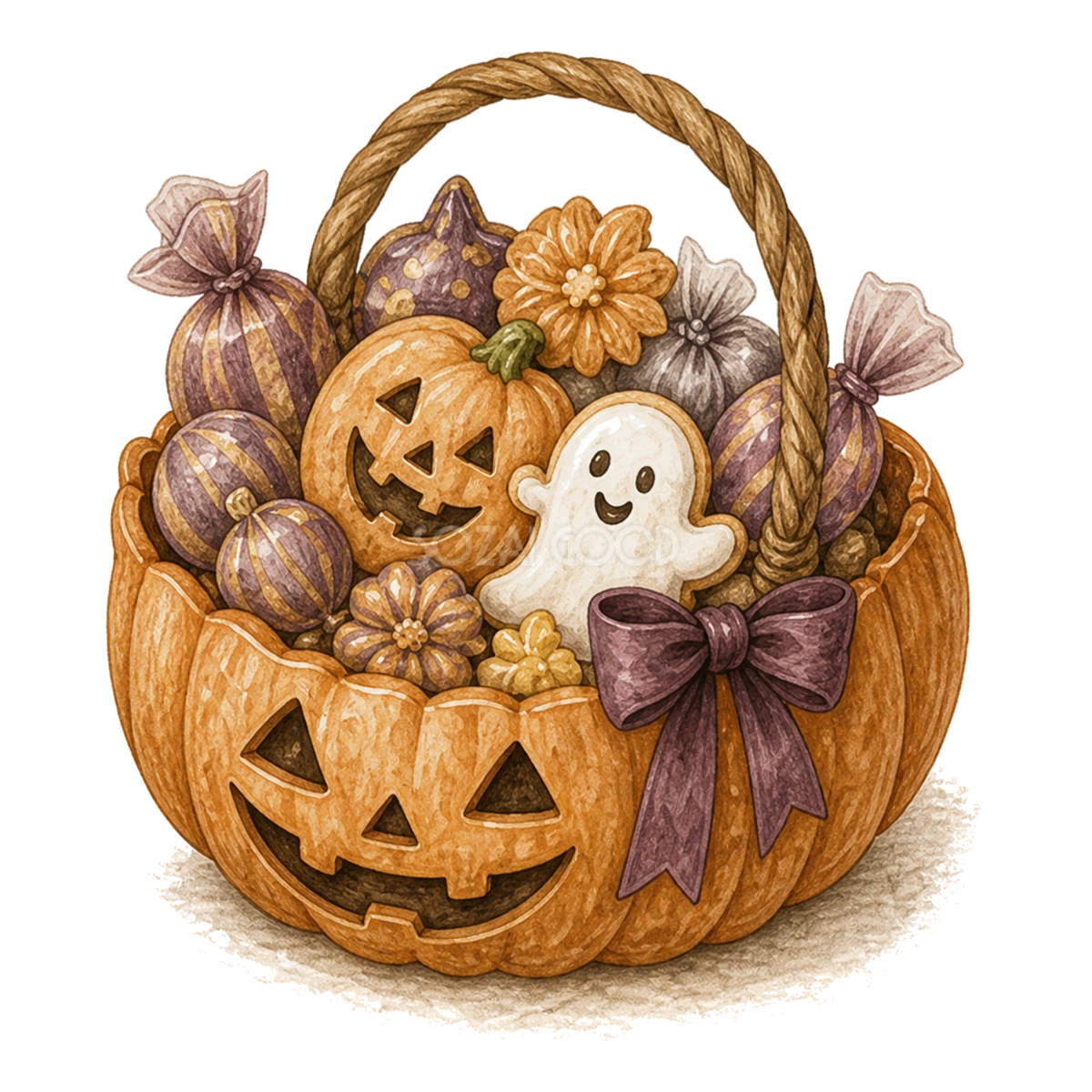 お菓子いっぱいのかぼちゃバスケットのハロウィンイラスト94857