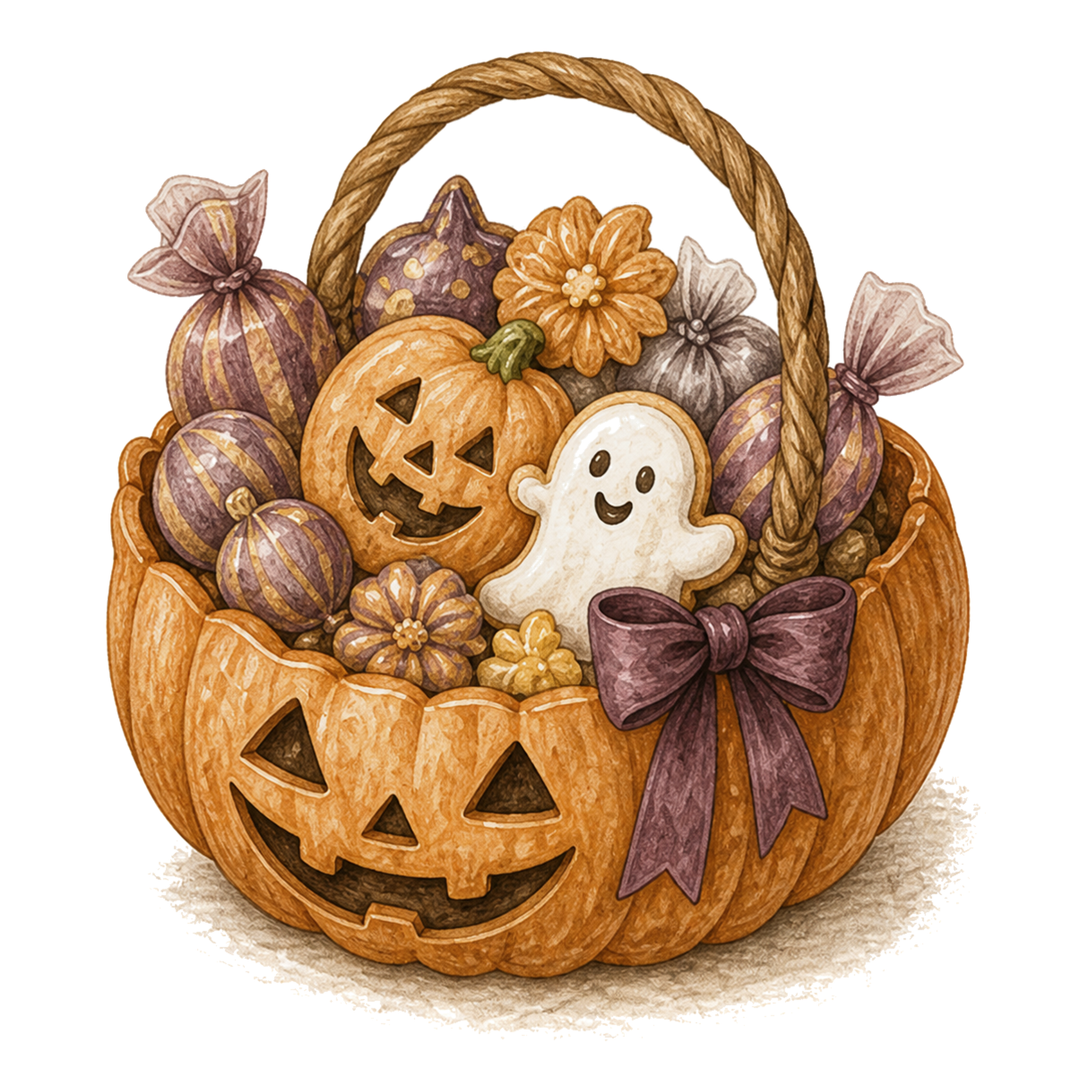 お菓子いっぱいのかぼちゃバスケットのハロウィンイラスト94857に写真・文字を入れる