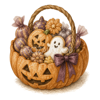 お菓子いっぱいのかぼちゃバスケットのハロウィンイラスト94857