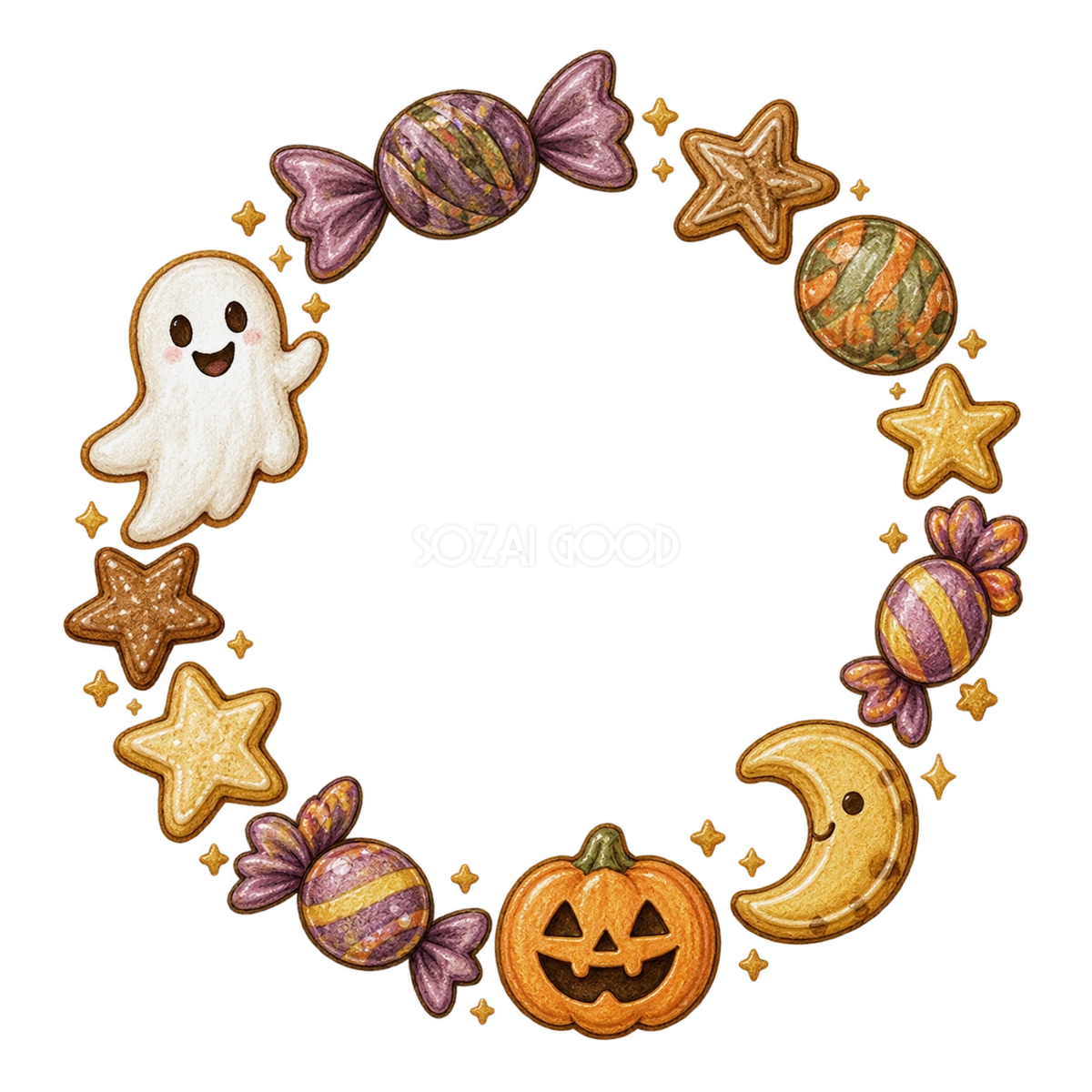 お菓子とおばけのハロウィンリースフレームイラスト素材（無料）94863