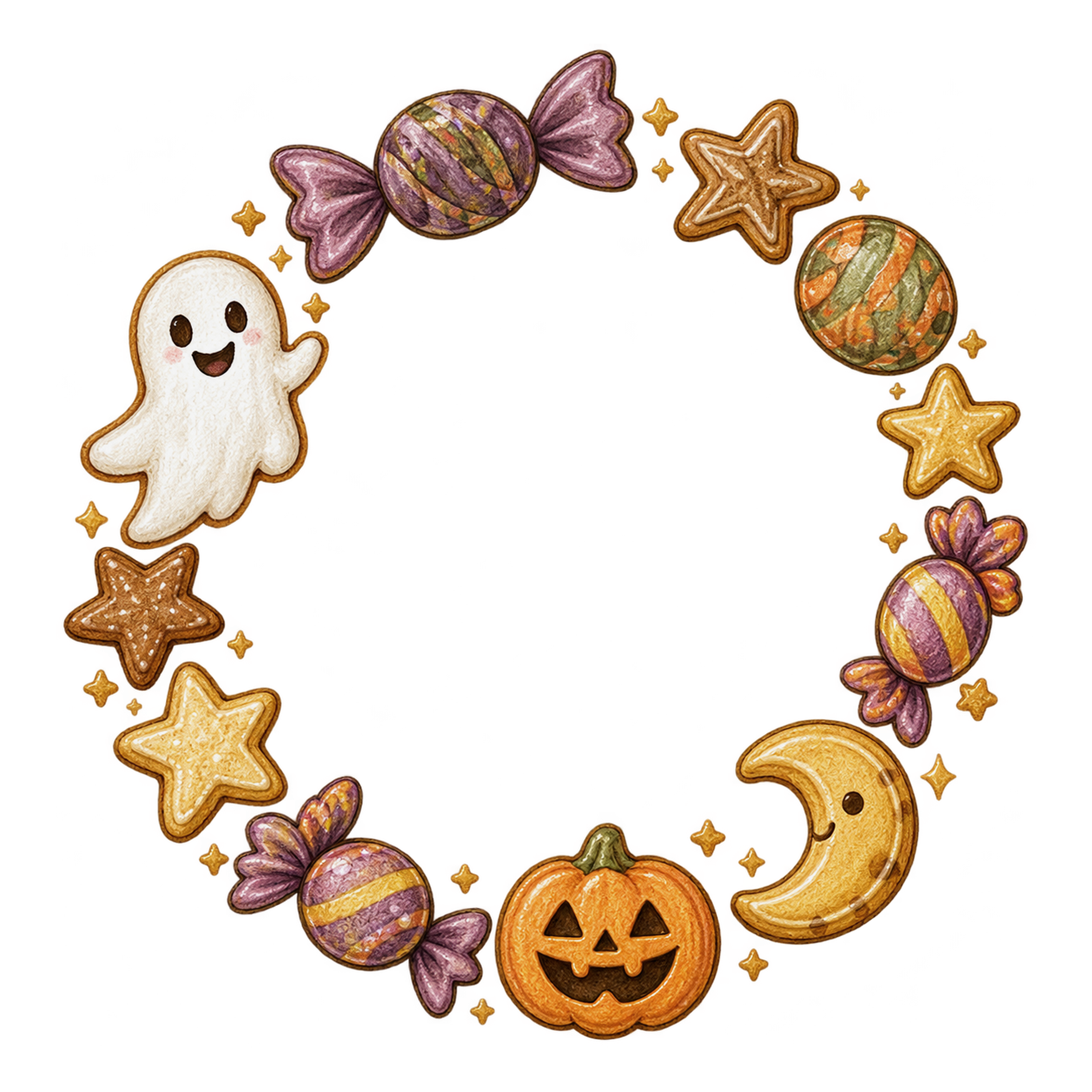 お菓子とおばけのハロウィンリースフレームイラスト素材（無料）94863に写真・文字を入れる