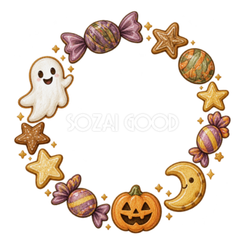 お菓子とおばけのハロウィンリースフレームイラスト素材（無料）94863