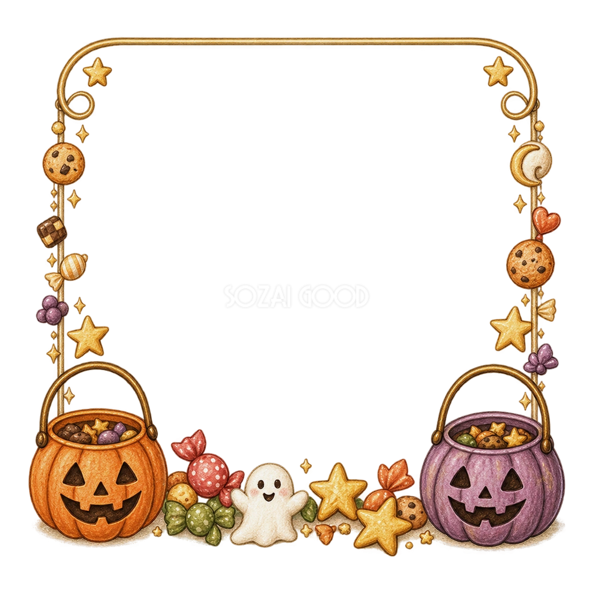 お菓子入りかぼちゃバケツのハロウィン横長フレームイラスト素材(無料)94877