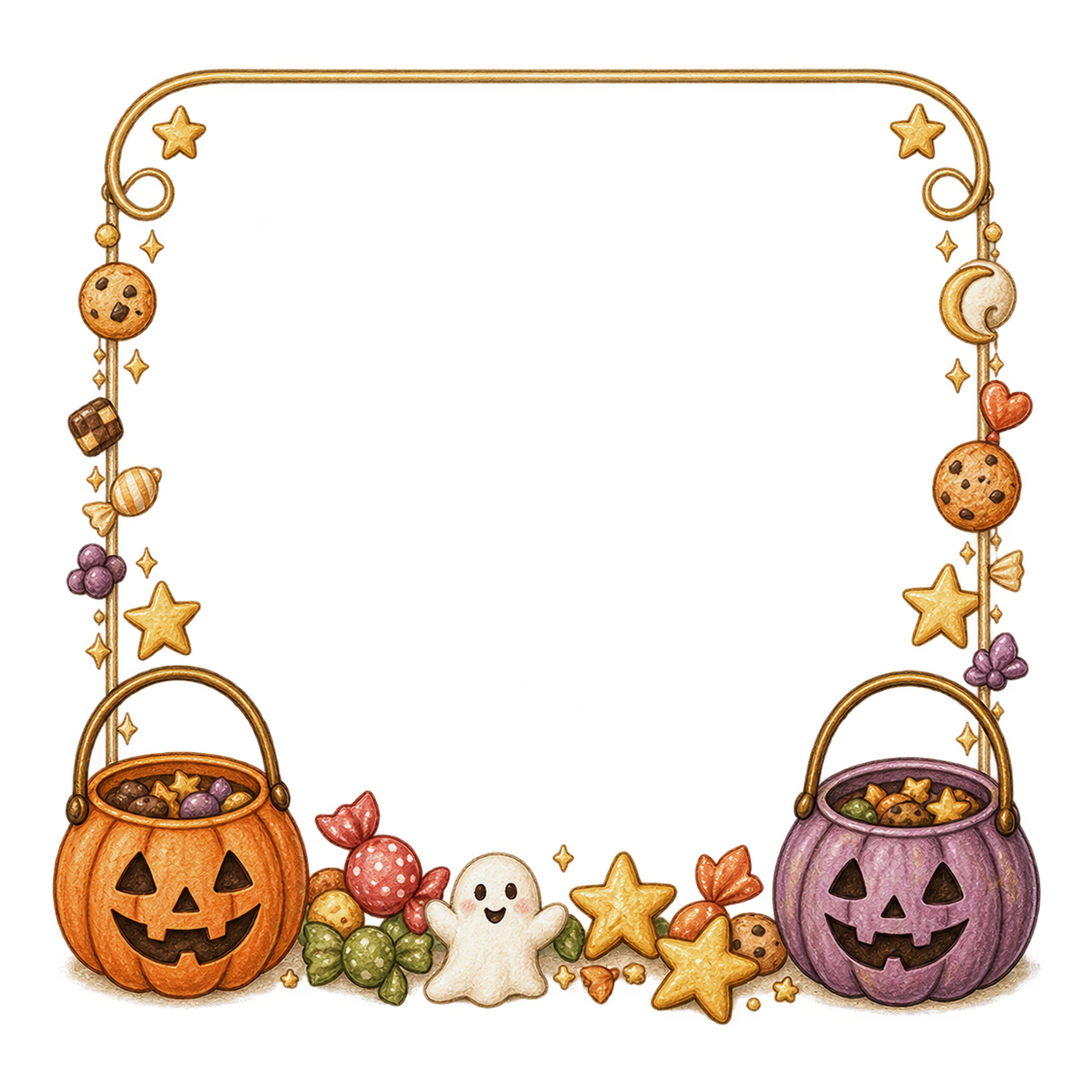 お菓子入りかぼちゃバケツのハロウィン横長フレームイラスト素材（無料）94877に写真・文字を入れる