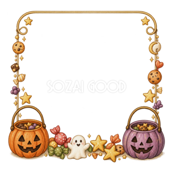 お菓子入りかぼちゃバケツのハロウィン横長フレームイラスト素材（無料）94877