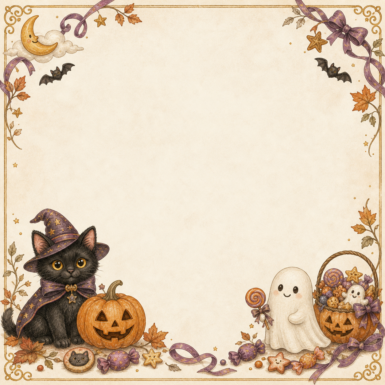 黒猫とおばけ・かぼちゃのハロウィンフレーム｜かわいい無料イラスト94880に写真・文字を入れる