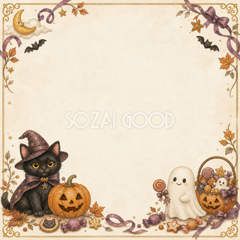 黒猫とおばけ・かぼちゃのハロウィンフレーム｜かわいい無料イラスト94880