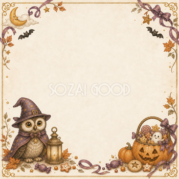 魔女帽子のふくろうとお菓子のハロウィンフレーム｜無料イラスト94881