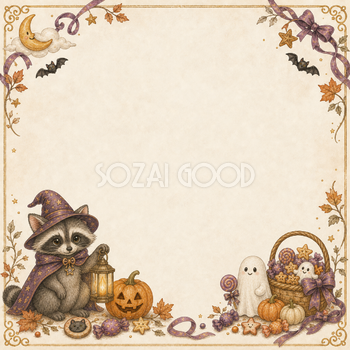 魔女姿のアライグマとランタンのハロウィンフレーム｜無料イラスト94882