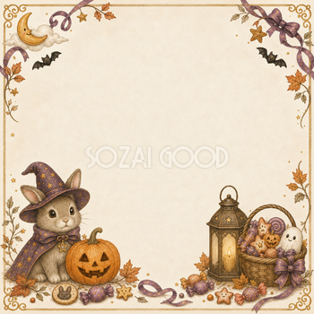 魔女姿のうさぎとかぼちゃのハロウィンフレーム｜かわいい無料イラスト94883