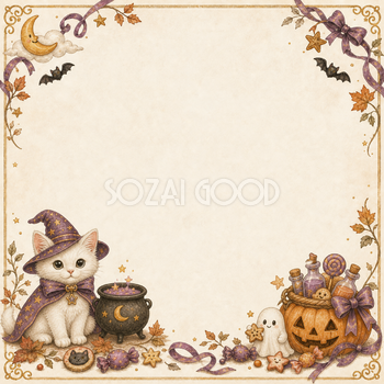 白猫と魔法の鍋のハロウィンフレーム｜アンティーク調の無料イラスト94884