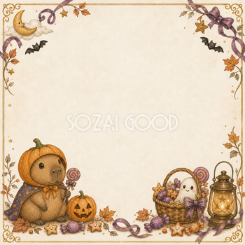 かぼちゃ帽子のカピバラとお菓子のハロウィンフレーム｜無料イラスト94885